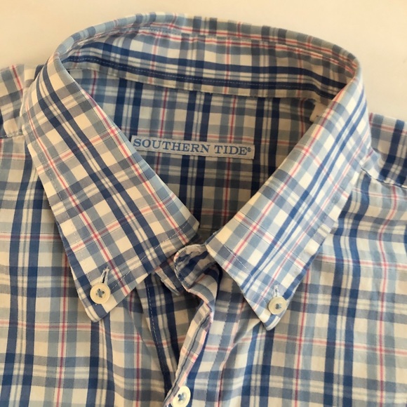 Southern Tide Mens Button Down Blue Pink Plaid Med - Picture 5 of 6